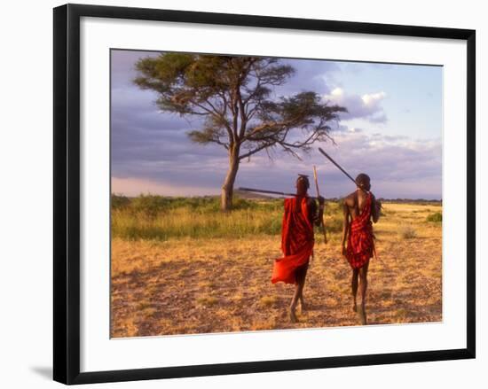 Two Maasai Morans Walking with Spears at Sunset, Amboseli National Park, Kenya-Alison Jones-Framed Photographic Print