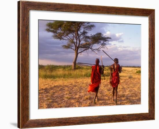 Two Maasai Morans Walking with Spears at Sunset, Amboseli National Park, Kenya-Alison Jones-Framed Photographic Print