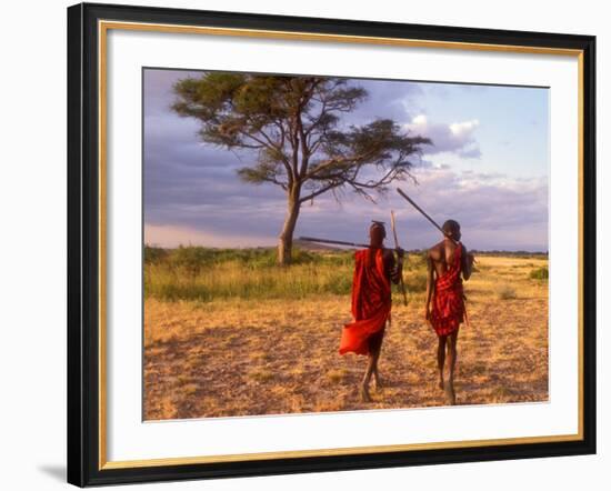 Two Maasai Morans Walking with Spears at Sunset, Amboseli National Park, Kenya-Alison Jones-Framed Photographic Print