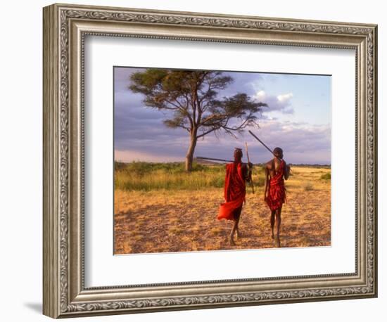 Two Maasai Morans Walking with Spears at Sunset, Amboseli National Park, Kenya-Alison Jones-Framed Photographic Print