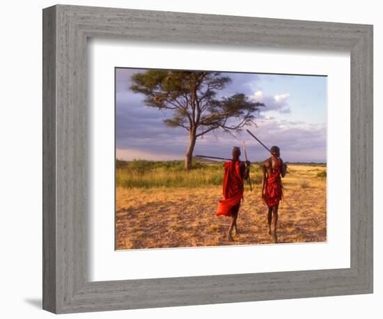 Two Maasai Morans Walking with Spears at Sunset, Amboseli National Park, Kenya-Alison Jones-Framed Photographic Print