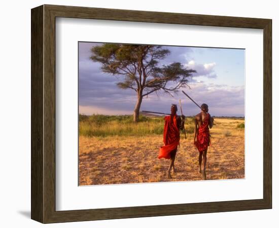 Two Maasai Morans Walking with Spears at Sunset, Amboseli National Park, Kenya-Alison Jones-Framed Photographic Print