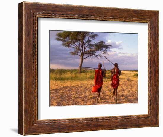 Two Maasai Morans Walking with Spears at Sunset, Amboseli National Park, Kenya-Alison Jones-Framed Photographic Print