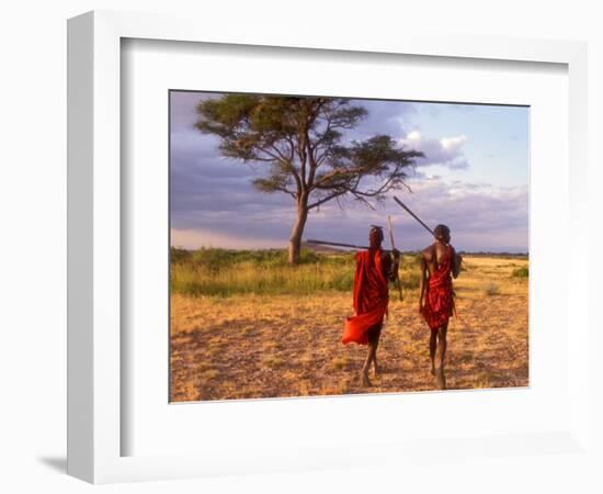 Two Maasai Morans Walking with Spears at Sunset, Amboseli National Park, Kenya-Alison Jones-Framed Photographic Print