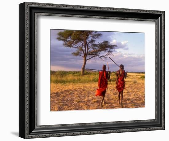 Two Maasai Morans Walking with Spears at Sunset, Amboseli National Park, Kenya-Alison Jones-Framed Photographic Print