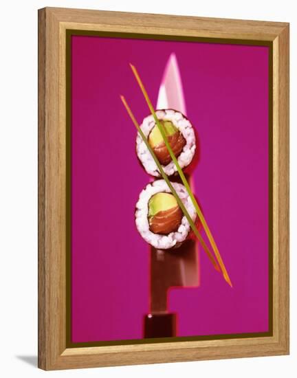 Two Maki-Sushi with Avocado and Salmon on Knife-Hartmut Kiefer-Framed Premier Image Canvas