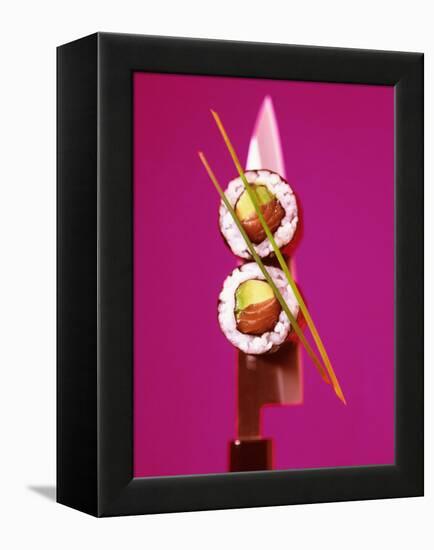 Two Maki-Sushi with Avocado and Salmon on Knife-Hartmut Kiefer-Framed Premier Image Canvas