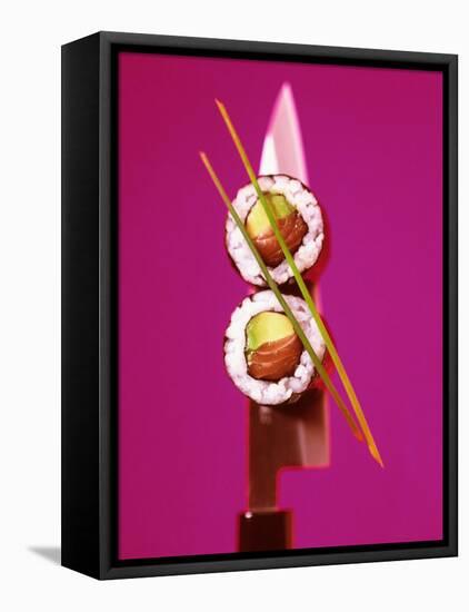 Two Maki-Sushi with Avocado and Salmon on Knife-Hartmut Kiefer-Framed Premier Image Canvas