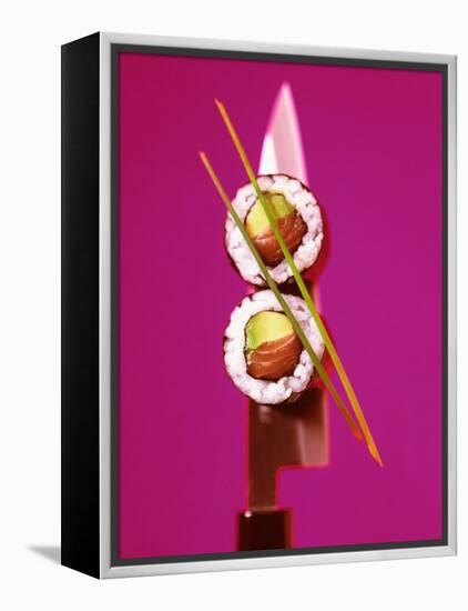 Two Maki-Sushi with Avocado and Salmon on Knife-Hartmut Kiefer-Framed Premier Image Canvas