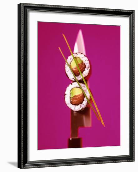 Two Maki-Sushi with Avocado and Salmon on Knife-Hartmut Kiefer-Framed Photographic Print