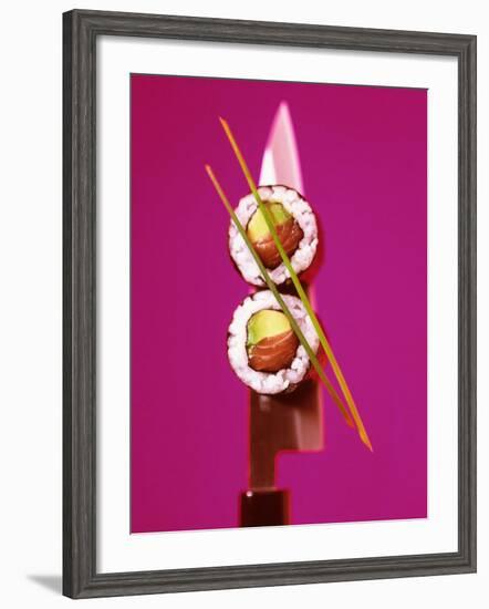 Two Maki-Sushi with Avocado and Salmon on Knife-Hartmut Kiefer-Framed Photographic Print