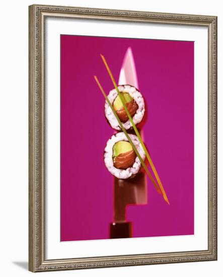 Two Maki-Sushi with Avocado and Salmon on Knife-Hartmut Kiefer-Framed Photographic Print
