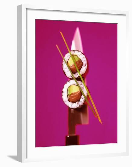 Two Maki-Sushi with Avocado and Salmon on Knife-Hartmut Kiefer-Framed Photographic Print