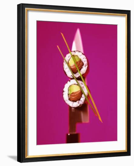 Two Maki-Sushi with Avocado and Salmon on Knife-Hartmut Kiefer-Framed Photographic Print