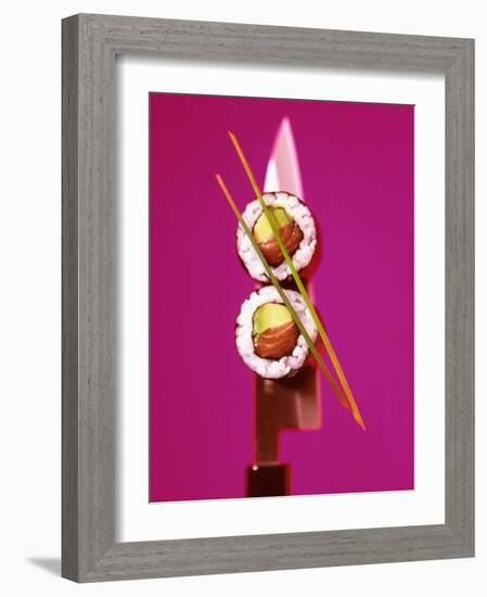 Two Maki-Sushi with Avocado and Salmon on Knife-Hartmut Kiefer-Framed Photographic Print