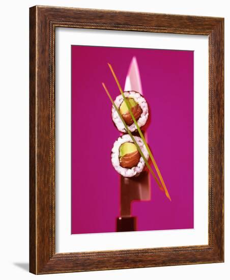 Two Maki-Sushi with Avocado and Salmon on Knife-Hartmut Kiefer-Framed Photographic Print