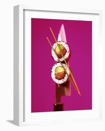 Two Maki-Sushi with Avocado and Salmon on Knife-Hartmut Kiefer-Framed Photographic Print