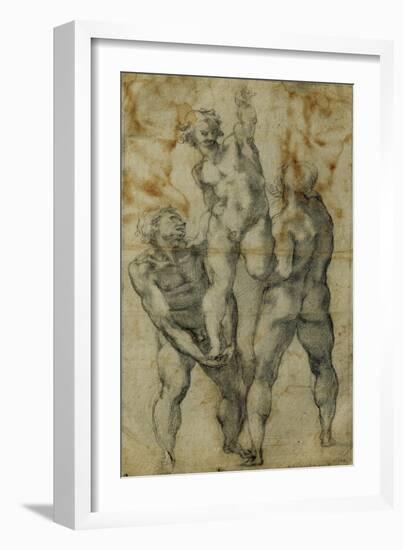 Two Male Nudes Lifting up a Third Man-Michelangelo Buonarroti-Framed Giclee Print