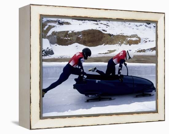 Two Man Bobsled Team Pushing Off at the Start , Lake Placid, New York, USA-Paul Sutton-Framed Premier Image Canvas