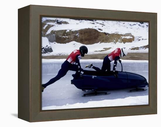 Two Man Bobsled Team Pushing Off at the Start , Lake Placid, New York, USA-Paul Sutton-Framed Premier Image Canvas