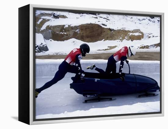 Two Man Bobsled Team Pushing Off at the Start , Lake Placid, New York, USA-Paul Sutton-Framed Premier Image Canvas