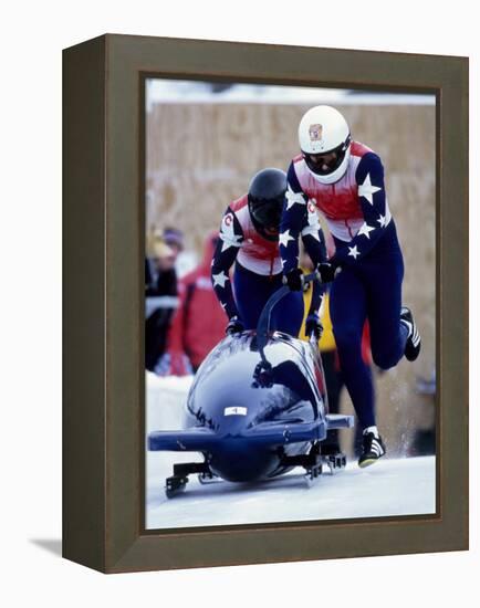 Two Man Bobsled Team Pushing Off at the Start, Lake Placid, New York, USA-Paul Sutton-Framed Premier Image Canvas