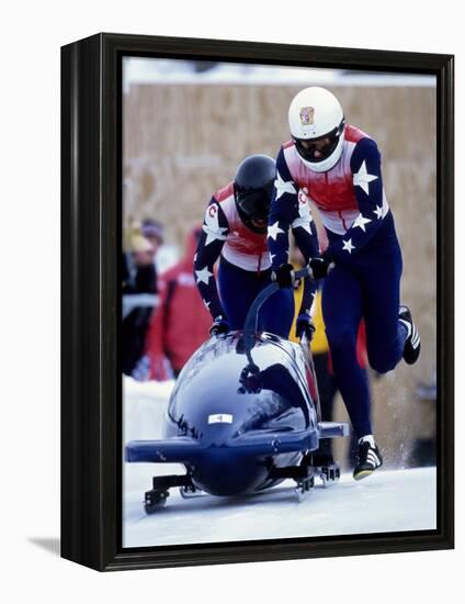 Two Man Bobsled Team Pushing Off at the Start, Lake Placid, New York, USA-Paul Sutton-Framed Premier Image Canvas