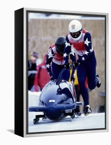 Two Man Bobsled Team Pushing Off at the Start, Lake Placid, New York, USA-Paul Sutton-Framed Premier Image Canvas