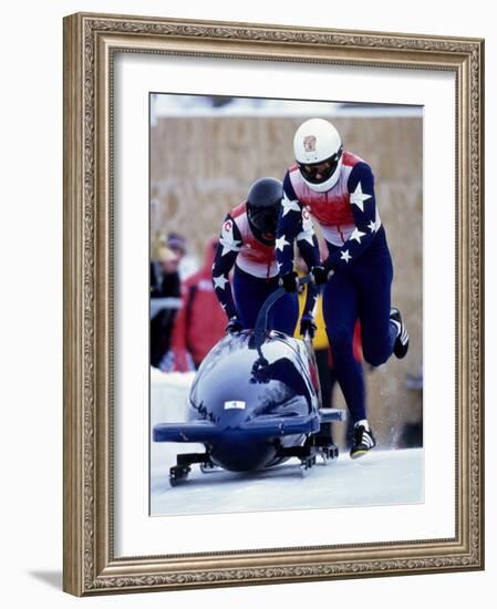 Two Man Bobsled Team Pushing Off at the Start, Lake Placid, New York, USA-Paul Sutton-Framed Photographic Print