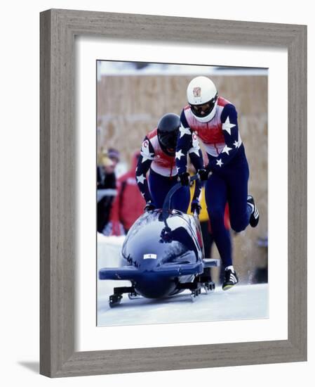 Two Man Bobsled Team Pushing Off at the Start, Lake Placid, New York, USA-Paul Sutton-Framed Photographic Print