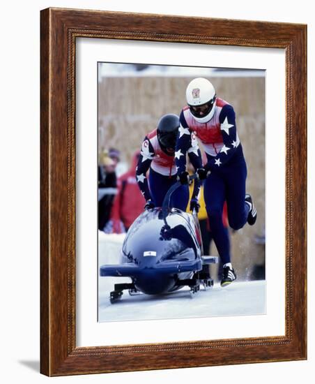 Two Man Bobsled Team Pushing Off at the Start, Lake Placid, New York, USA-Paul Sutton-Framed Photographic Print