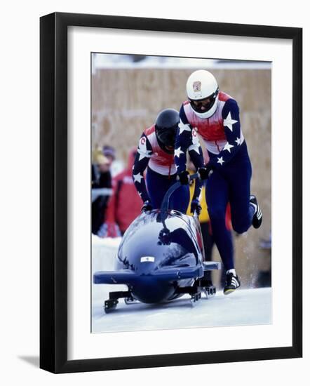 Two Man Bobsled Team Pushing Off at the Start, Lake Placid, New York, USA-Paul Sutton-Framed Photographic Print