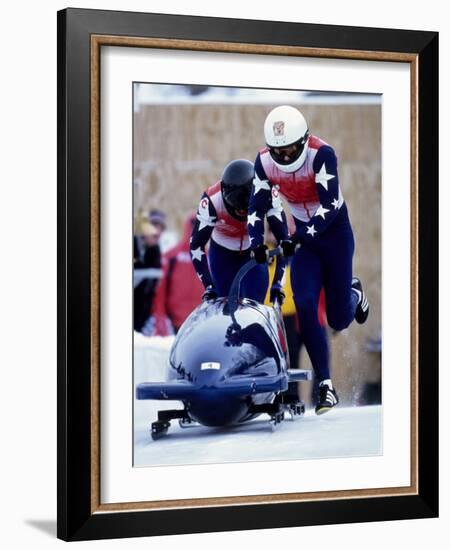 Two Man Bobsled Team Pushing Off at the Start, Lake Placid, New York, USA-Paul Sutton-Framed Photographic Print