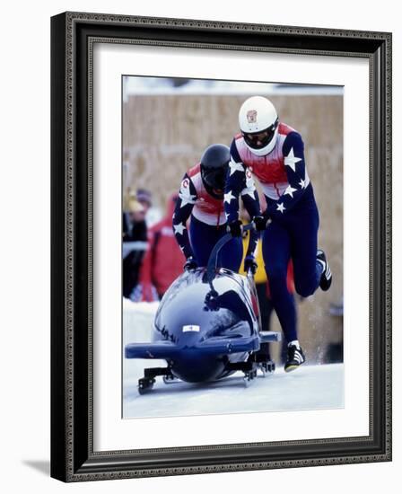 Two Man Bobsled Team Pushing Off at the Start, Lake Placid, New York, USA-Paul Sutton-Framed Photographic Print