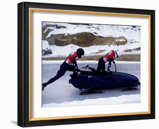 Two Man Bobsled Team Pushing Off at the Start , Lake Placid, New York, USA-Paul Sutton-Framed Photographic Print