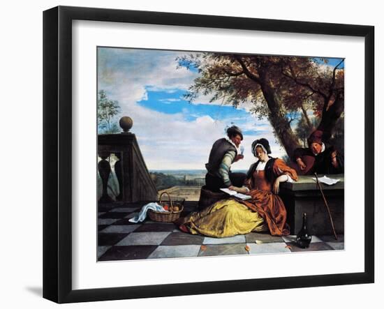 Two Men and Young Woman Making Music on Terrace, 1670-1675-Jan Steen-Framed Giclee Print