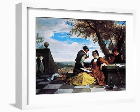 Two Men and Young Woman Making Music on Terrace, 1670-1675-Jan Steen-Framed Giclee Print