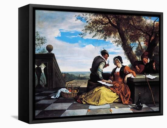 Two Men and Young Woman Making Music on Terrace, 1670-1675-Jan Steen-Framed Premier Image Canvas