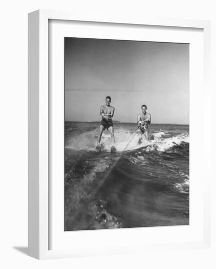 Two Men Behind Boat Which Is Not Seen, Water Skiing-null-Framed Photographic Print