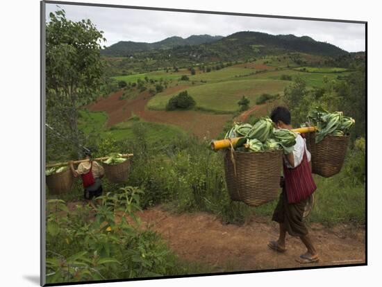 Two Men Carrying Heavy Loads on the Way to Local Market, Shabin Area, Shan State, Myanmar (Burma)-Eitan Simanor-Mounted Photographic Print