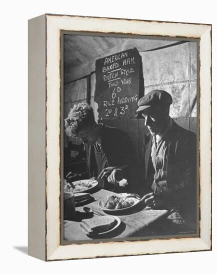 Two Men Eating American Food at a Liverpool Communal Feeding Centre-Hans Wild-Framed Premier Image Canvas