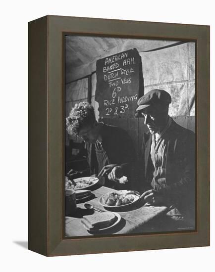 Two Men Eating American Food at a Liverpool Communal Feeding Centre-Hans Wild-Framed Premier Image Canvas