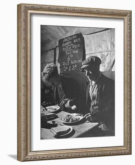 Two Men Eating American Food at a Liverpool Communal Feeding Centre-Hans Wild-Framed Photographic Print