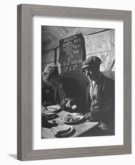 Two Men Eating American Food at a Liverpool Communal Feeding Centre-Hans Wild-Framed Photographic Print