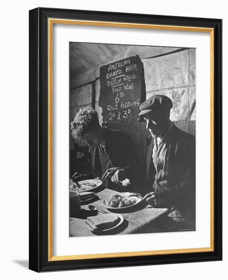 Two Men Eating American Food at a Liverpool Communal Feeding Centre-Hans Wild-Framed Photographic Print