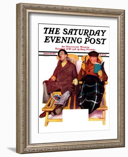 "Two Men in Deck Chairs," Saturday Evening Post Cover, January 16, 1937-Leslie Thrasher-Framed Giclee Print