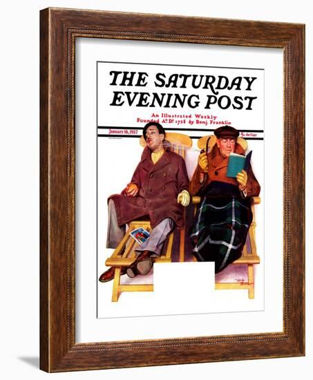 "Two Men in Deck Chairs," Saturday Evening Post Cover, January 16, 1937-Leslie Thrasher-Framed Giclee Print