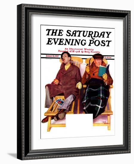 "Two Men in Deck Chairs," Saturday Evening Post Cover, January 16, 1937-Leslie Thrasher-Framed Giclee Print