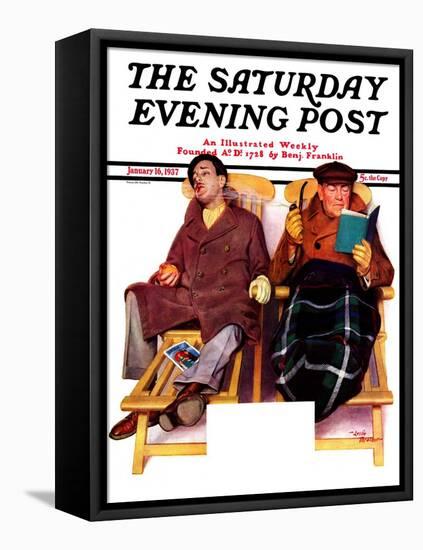 "Two Men in Deck Chairs," Saturday Evening Post Cover, January 16, 1937-Leslie Thrasher-Framed Premier Image Canvas