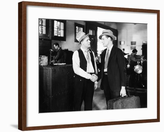 Two Men Shaking Hands in a Car Shop-null-Framed Photo